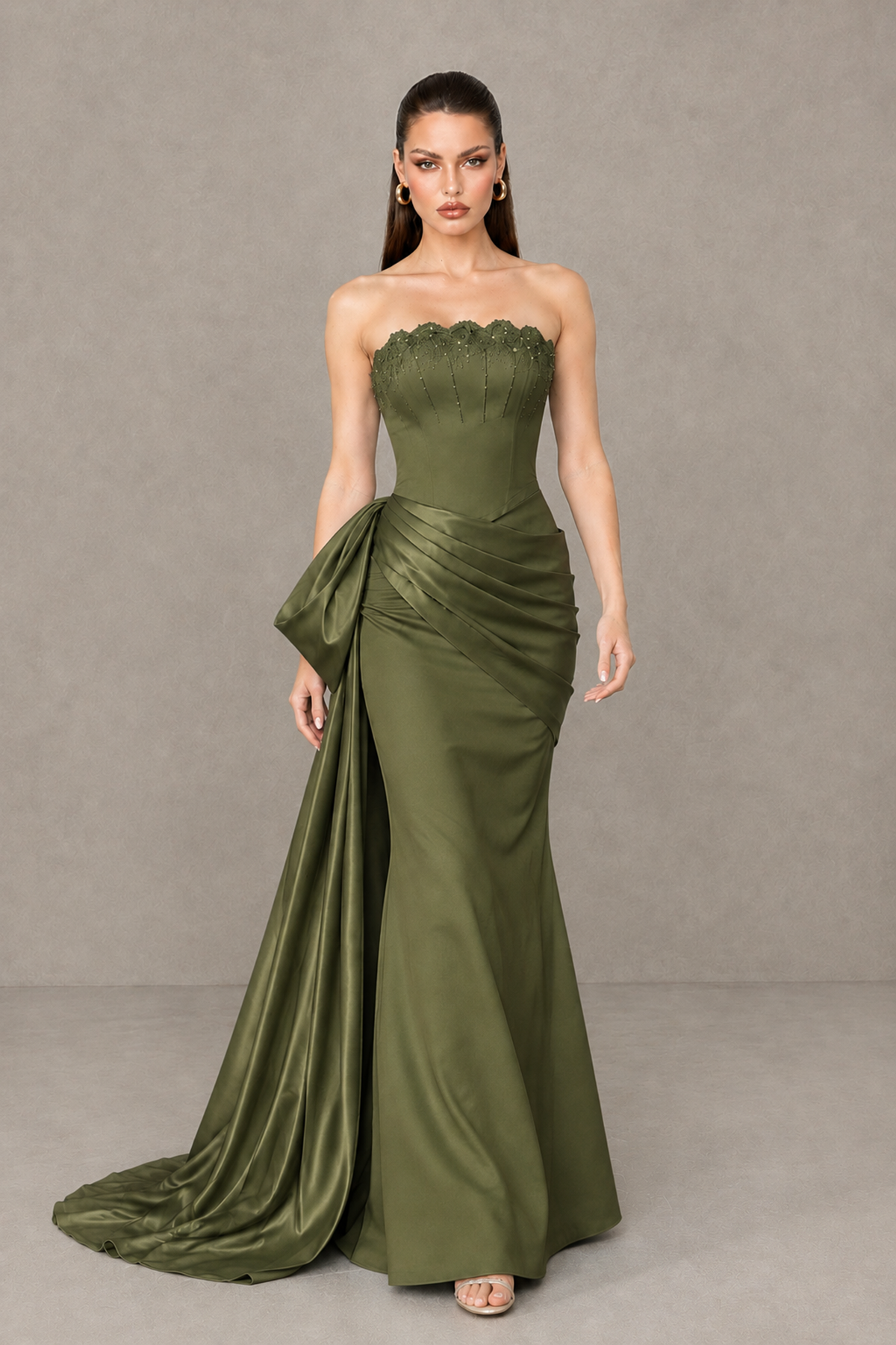 BOLODOO Olive Green Strapless Satin Prom Dress with Draped Side Train - Olive Green - Olive_Green_4