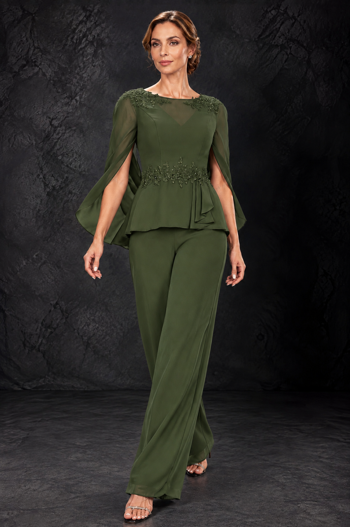 BOLODOO Olive Green Embellished Cape Sleeve Mother of the Bride Pantsuit - Olive Green - Olive_Green_4