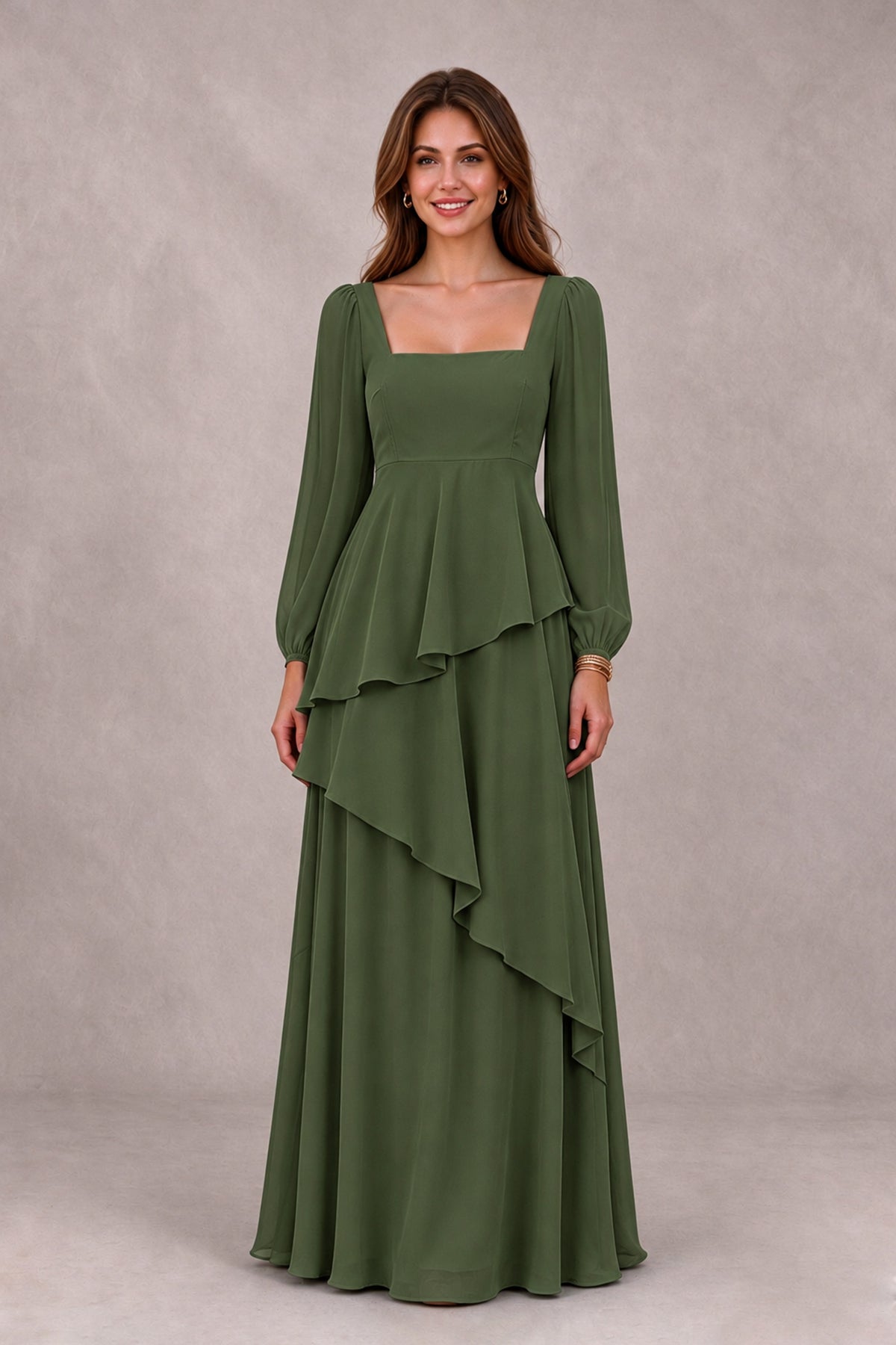 BOLODOO Olive Green Long Sleeve Ruffle Bridesmaid Dresses - Olive Green - Olive Green_4