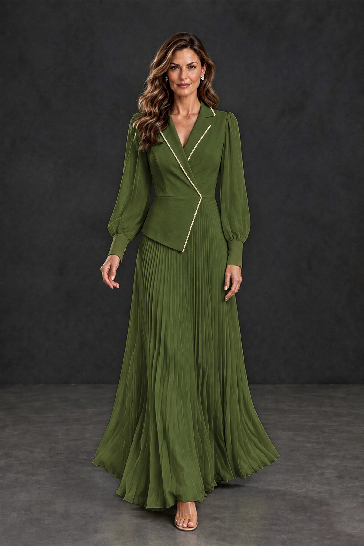 BOLODOO Olive Green Long Sleeve Pleated Mother of the Bride Dress - Olive Green - Olive Green_4