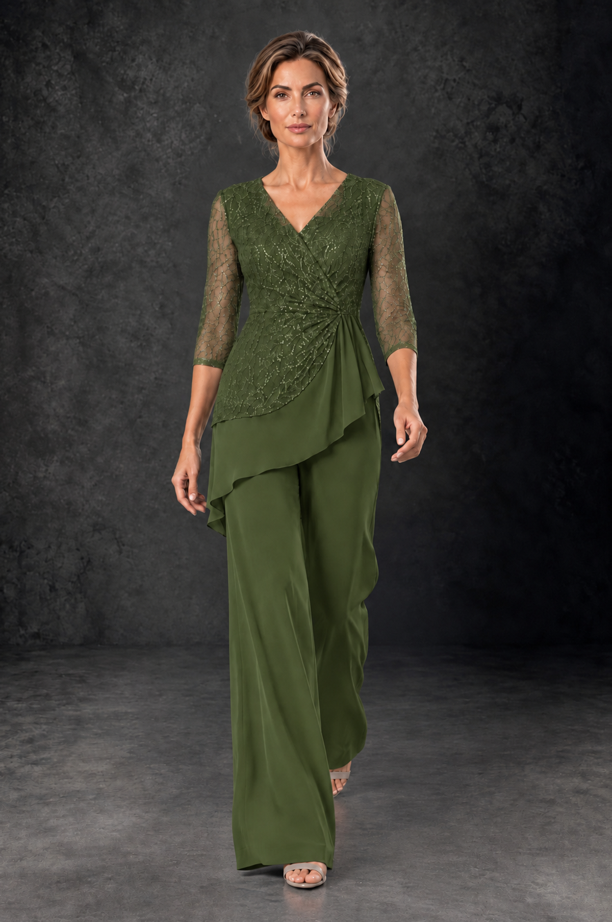 BOLODOO Olive Green Sequin Lace 3/4 Sleeve Chiffon Mother of the Bride Pant Suit - Olive Green - Olive_Green_4