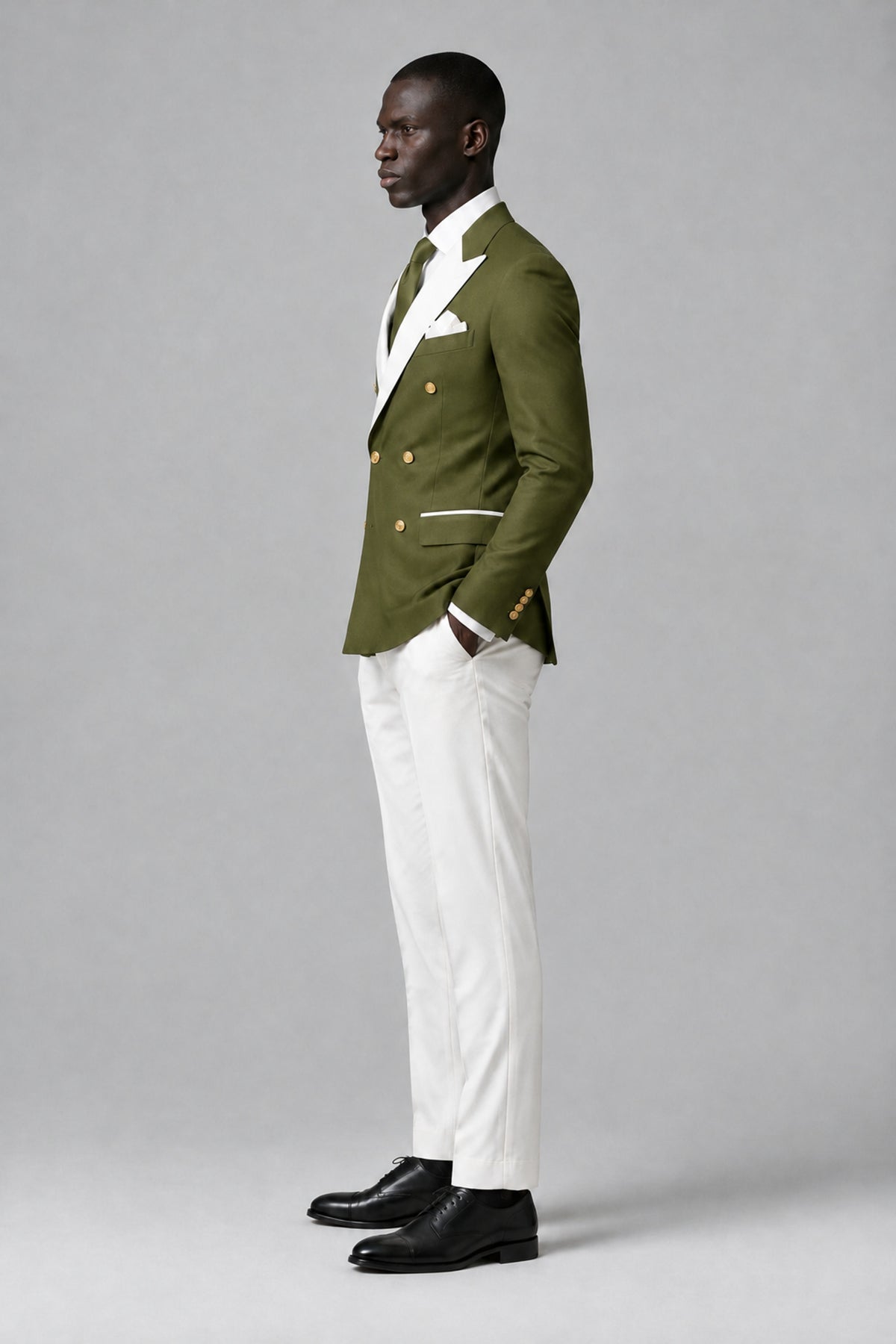 BOLODOO Men's Olive Green Double-Breasted Blazer & Cream Trousers Tuxeto 2-Piece Suit Set - Olive Green - Olive Green_4