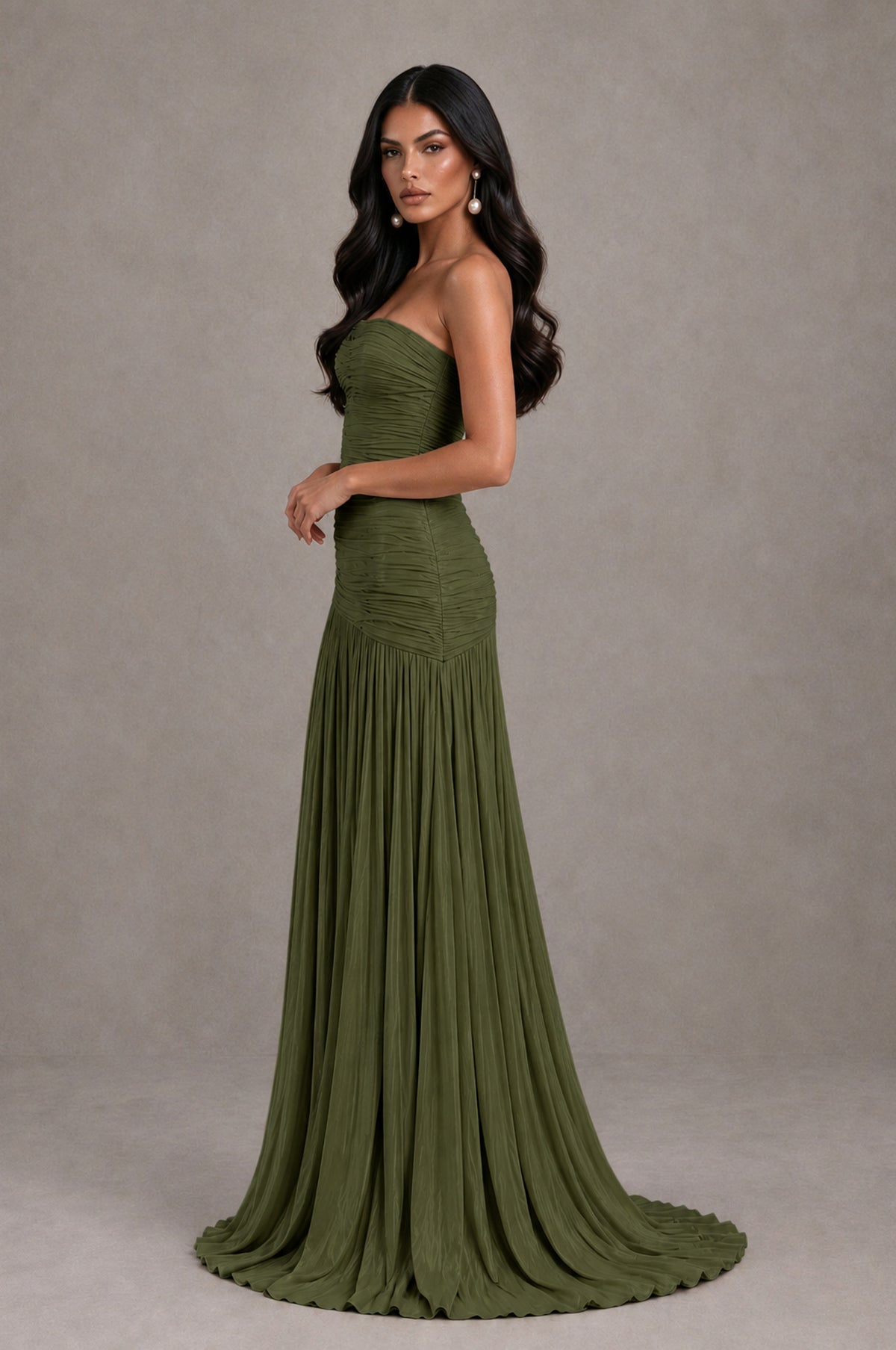 BOLODOO Olive Green Metallic Ruched Strapless Pleated A-Line Backless Maxi Dress with Train - Olive Green - Olive Green_4