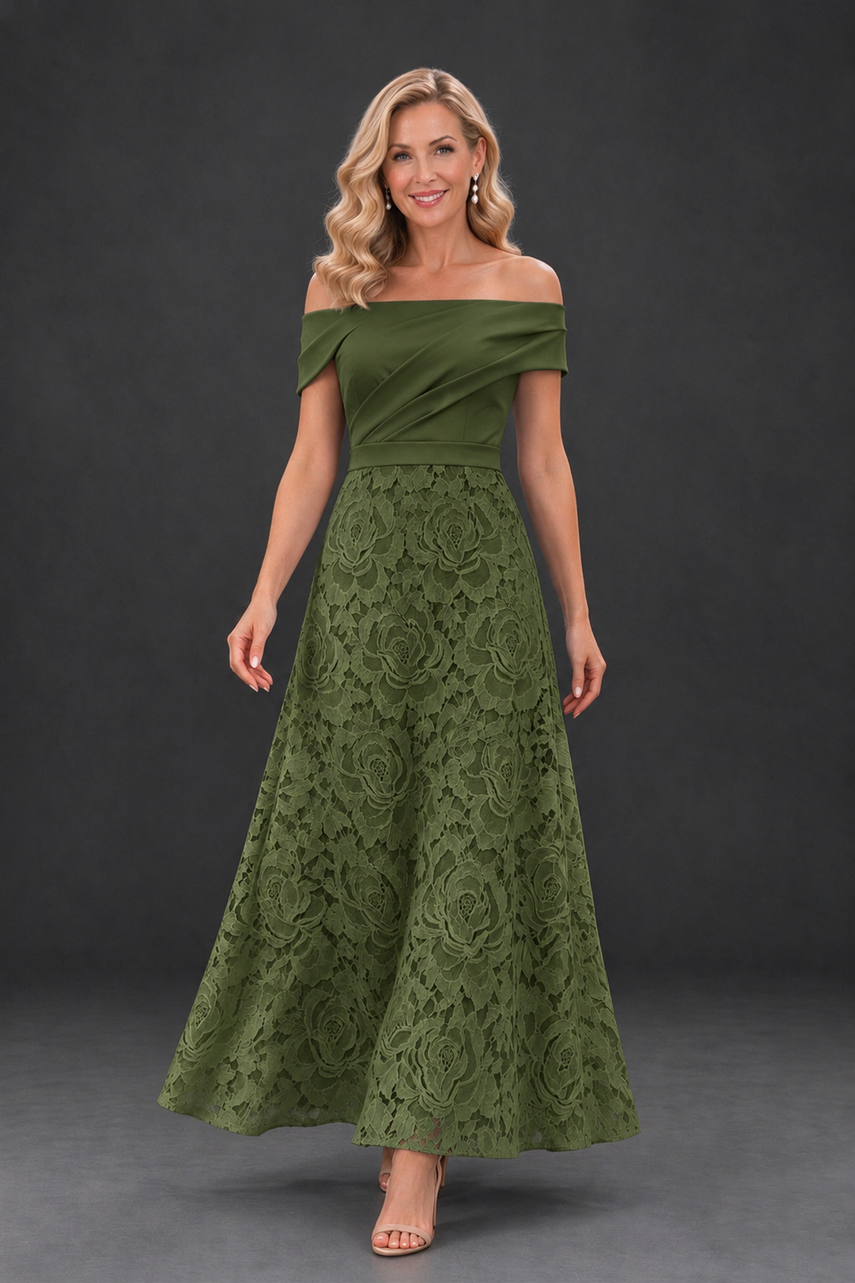 BOLODOO Olive Green Off-the-Shoulder Floral A-Line Mother of the Bride Dress - Olive Green - Olive Green_4