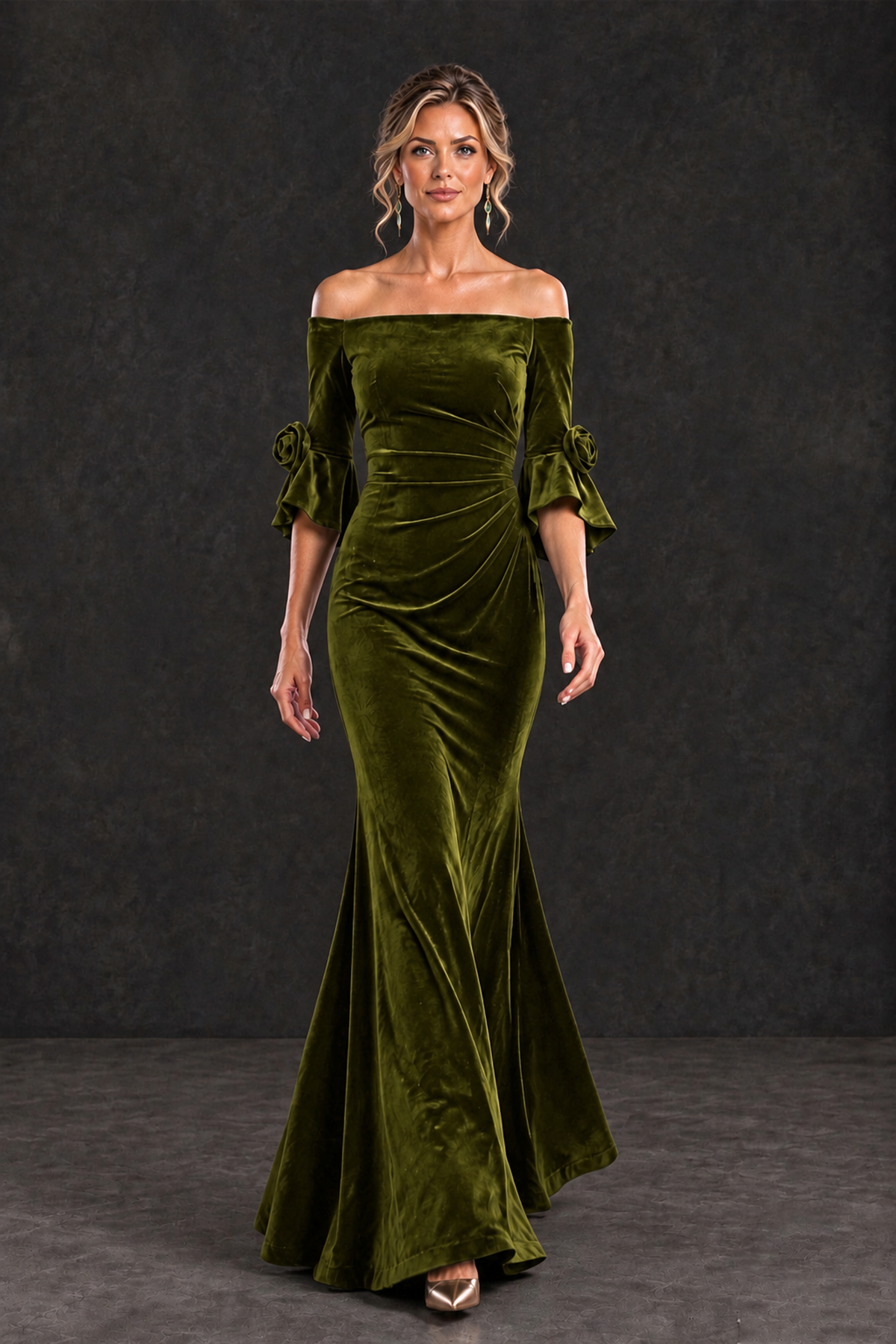 BOLODOO Olive Green Velvet Off-Shoulder Mother of the Bride Dress – 3/4 Floral Cuff Sleeve Mermaid Evening Gown - Olive Green - Olive Green_4