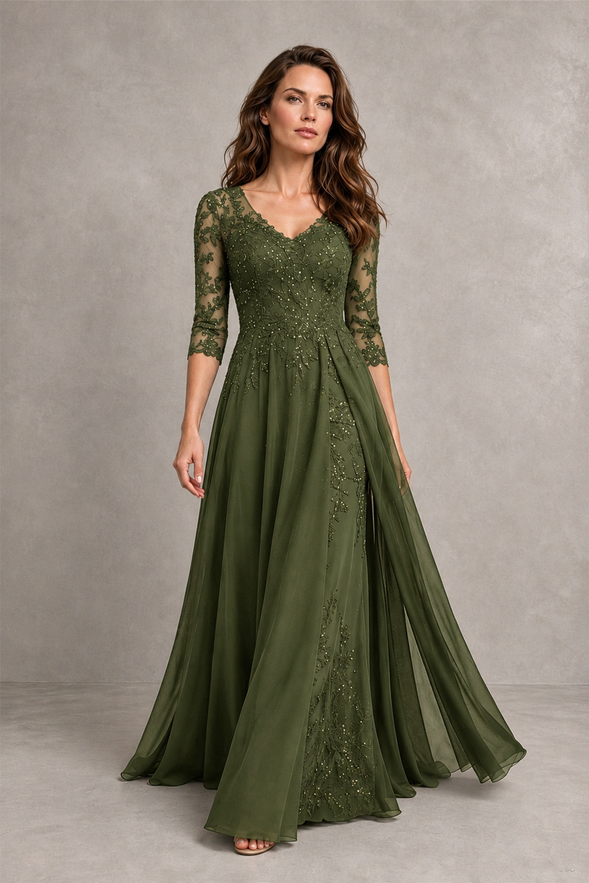 BOLODOO Midnight Olive Green Beaded Lace Appliqué Chiffon A-Line Gown | Mother of the Bride & Formal Evening Dress - Olive Green - Olive Green_4