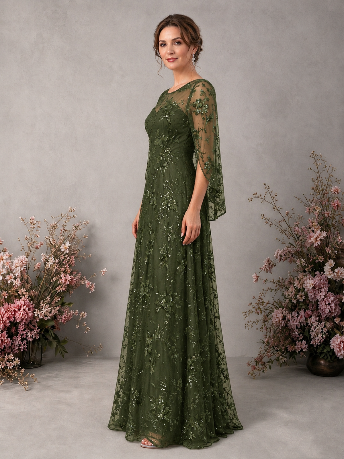 BOLODOO Olive Green Sequin Lace Cape Sleeve Formal Evening Gown - Olive Green - Olive Green_4