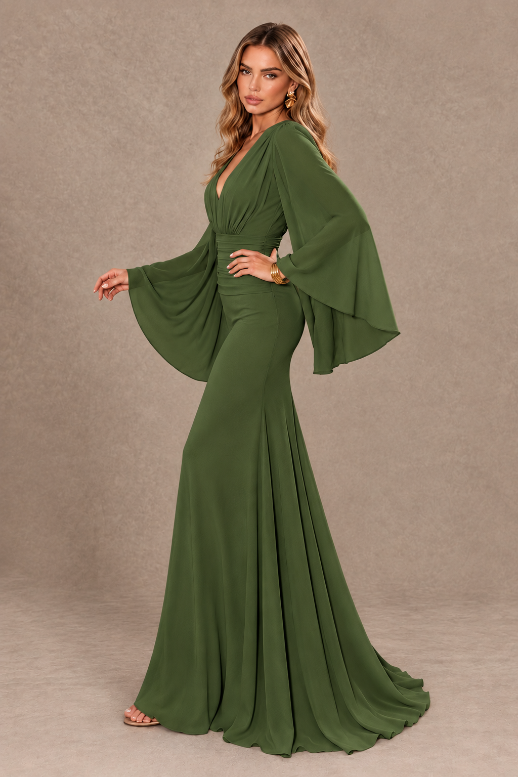 BOLODOO Olive Green Cape Sleeve V-Neck Ruched Chiffon Evening Dress - Olive Green - Olive Green_4