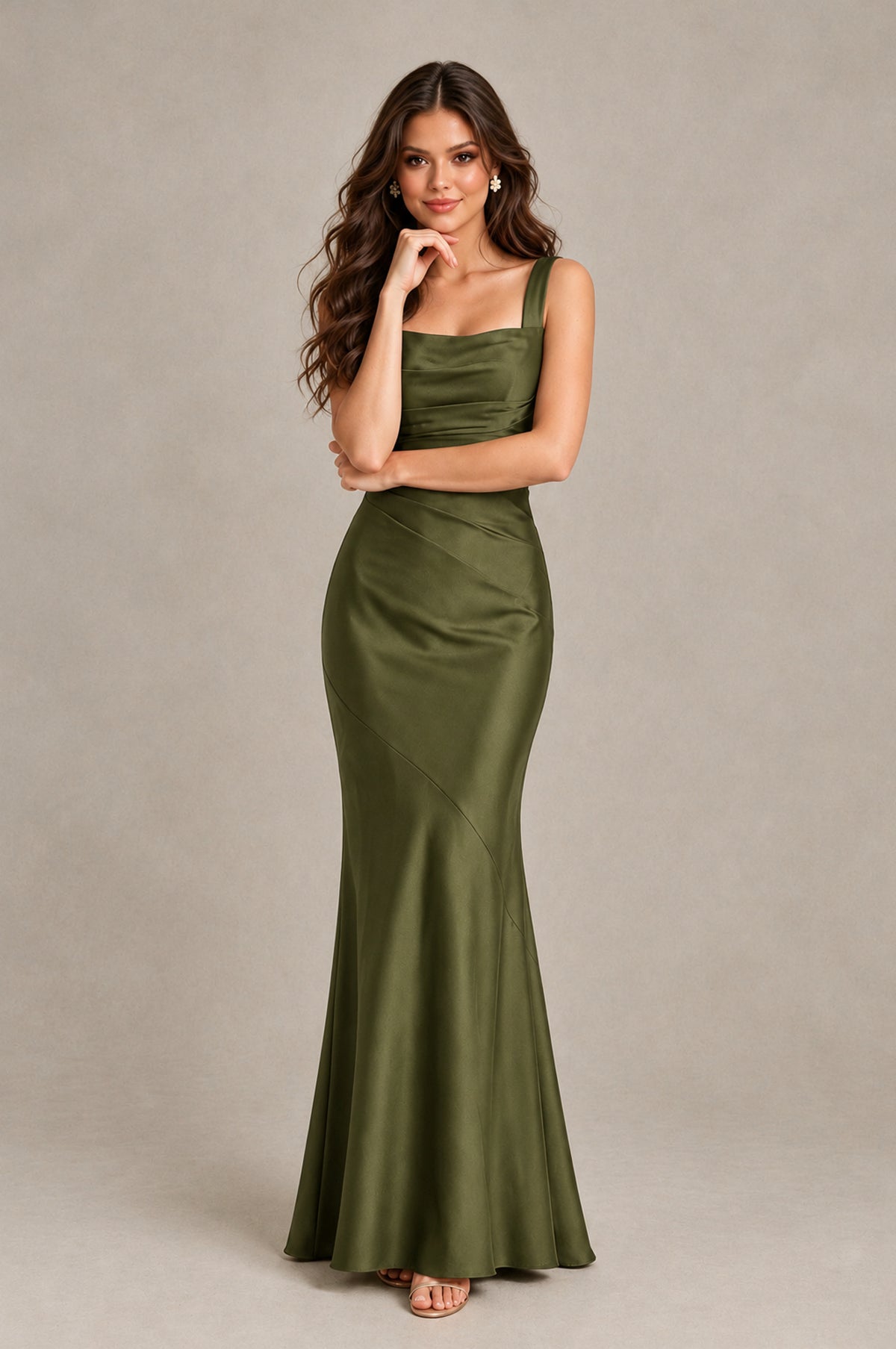 BOLODOO Olive Green Square Neck Ruched Satin Lace-Up Bridesmaid Dress - Olive Green - Olive Green_4