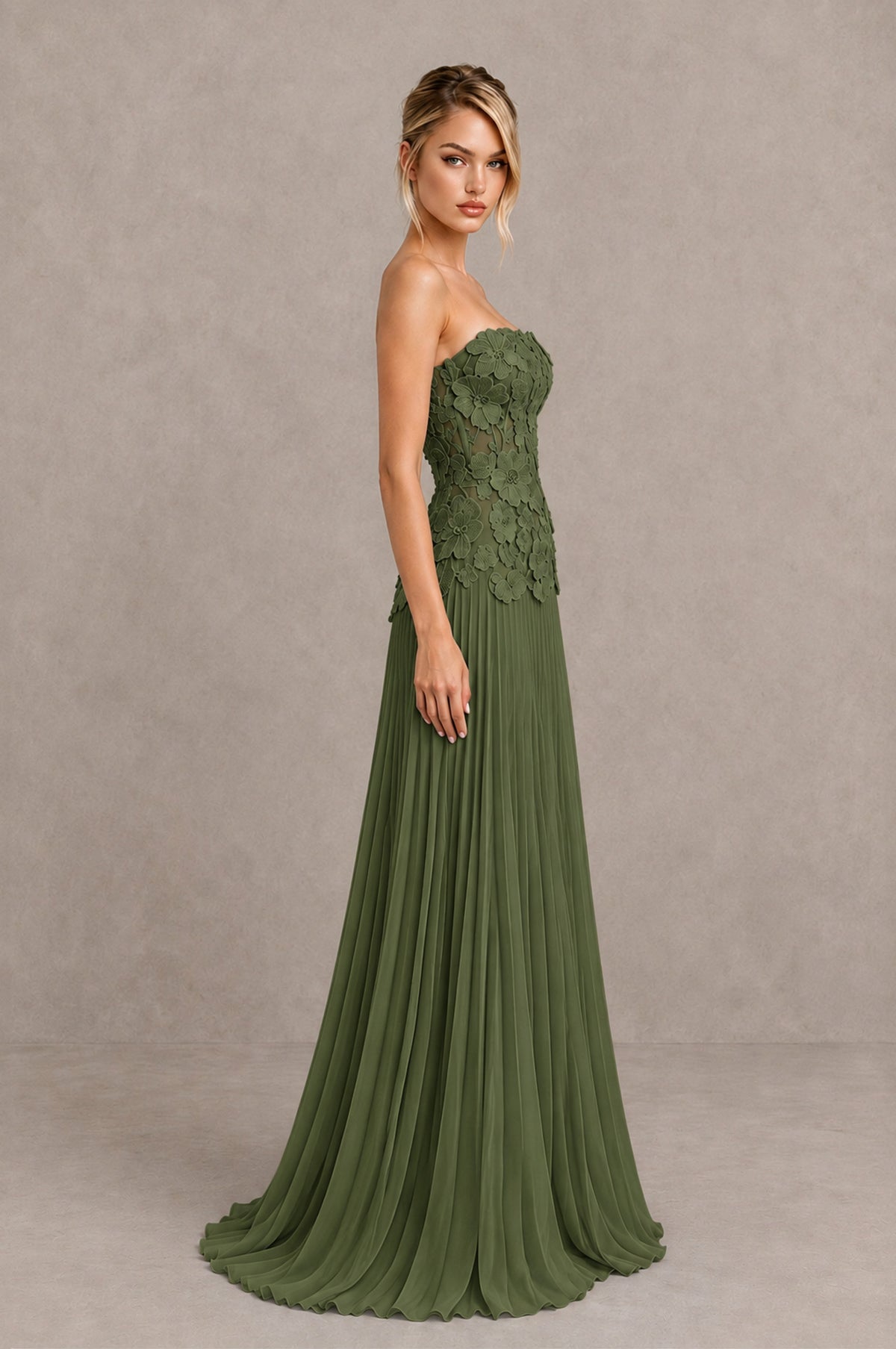 BOLODOO Olive Green Strapless Floral Applique Pleated Evening Dress - Olive Green - Olive Green_4