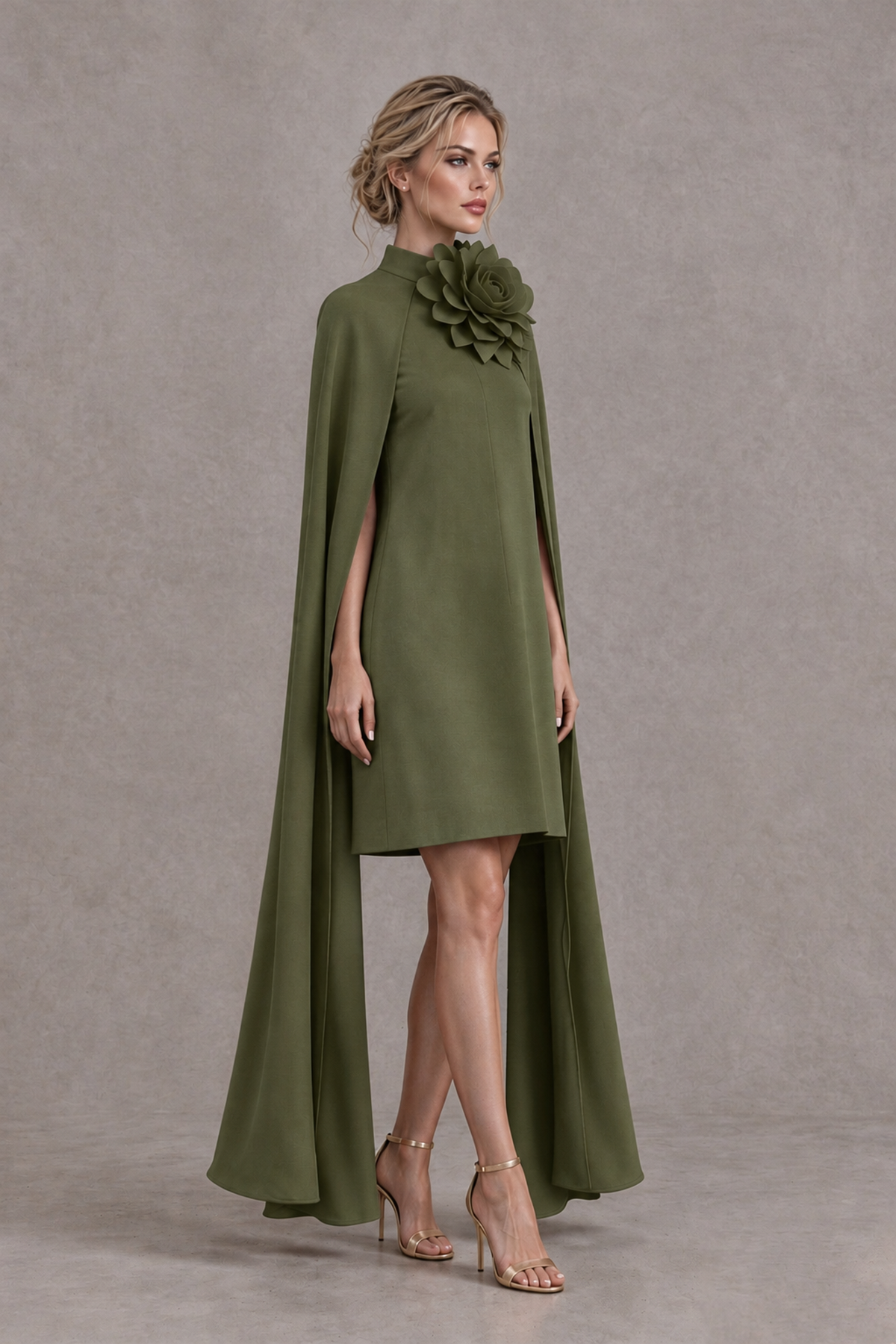 BOLODOO Olive Green High Neck Floral Cape Mini Cocktail Dress - Olive Green - Olive Green_4