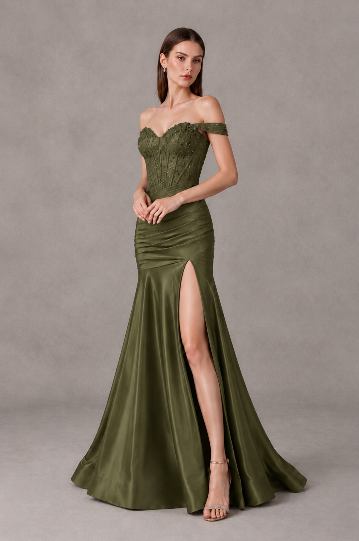 BOLODOO Olive Green Off-Shoulder Corset Mermaid Prom Dress with Slit Sequin Lace Evening Gown - Olive Green - Olive Green_4