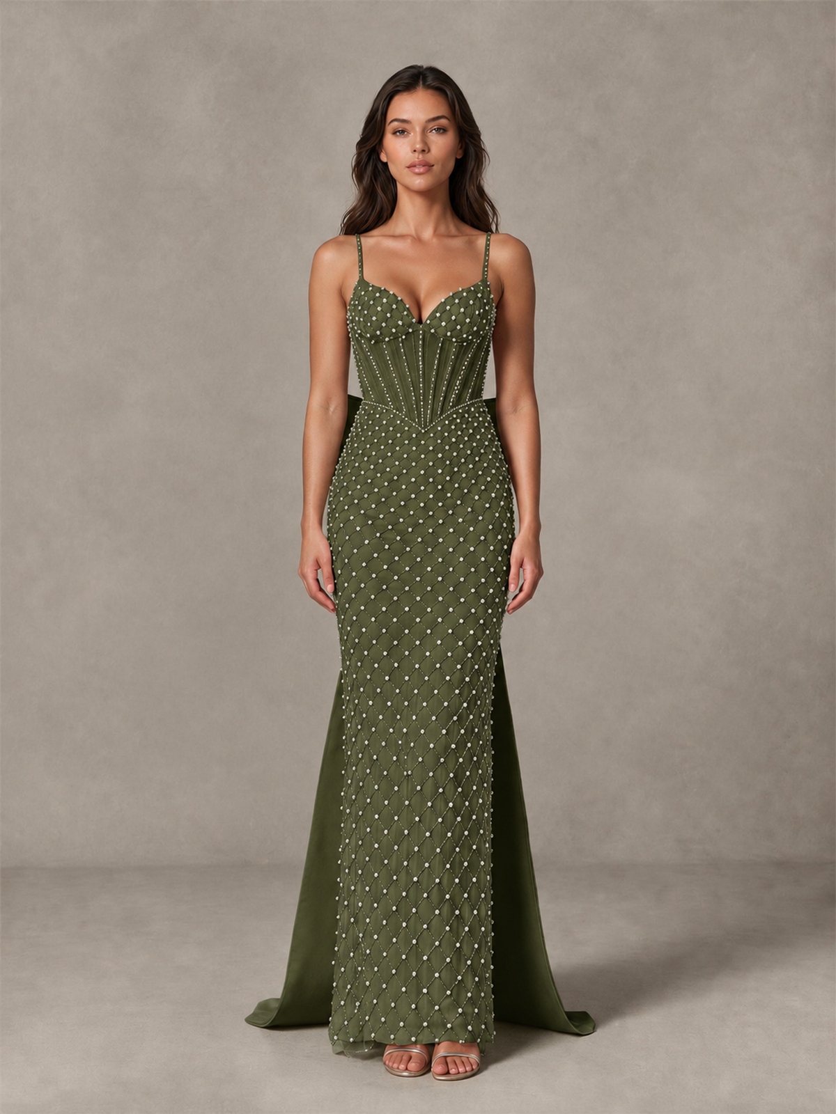 BOLODOO Olive Green Beaded Corset Prom Dress with Bow Train - Olive Green - Olive_Green_4