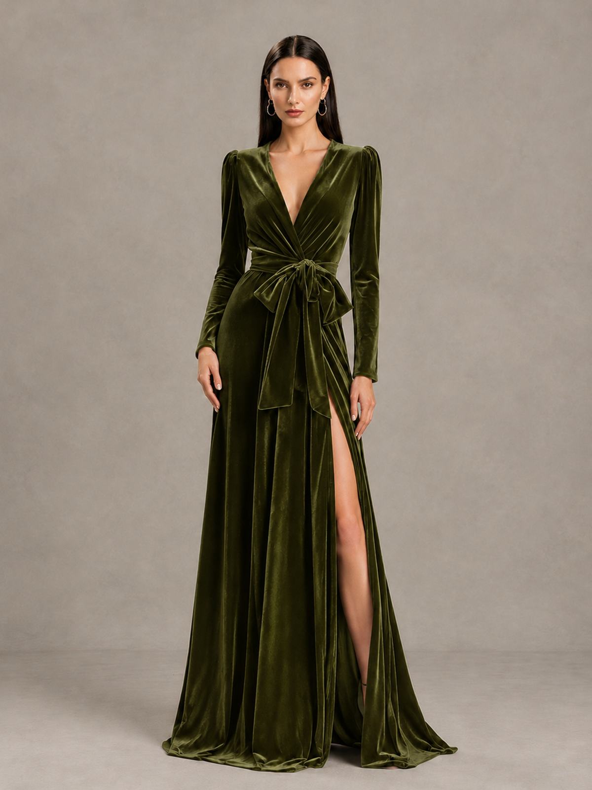 BOLODOO Olive Green Long Sleeve Velvet-Look Evening Dress with High Slit - Olive Green - Olive Green_4