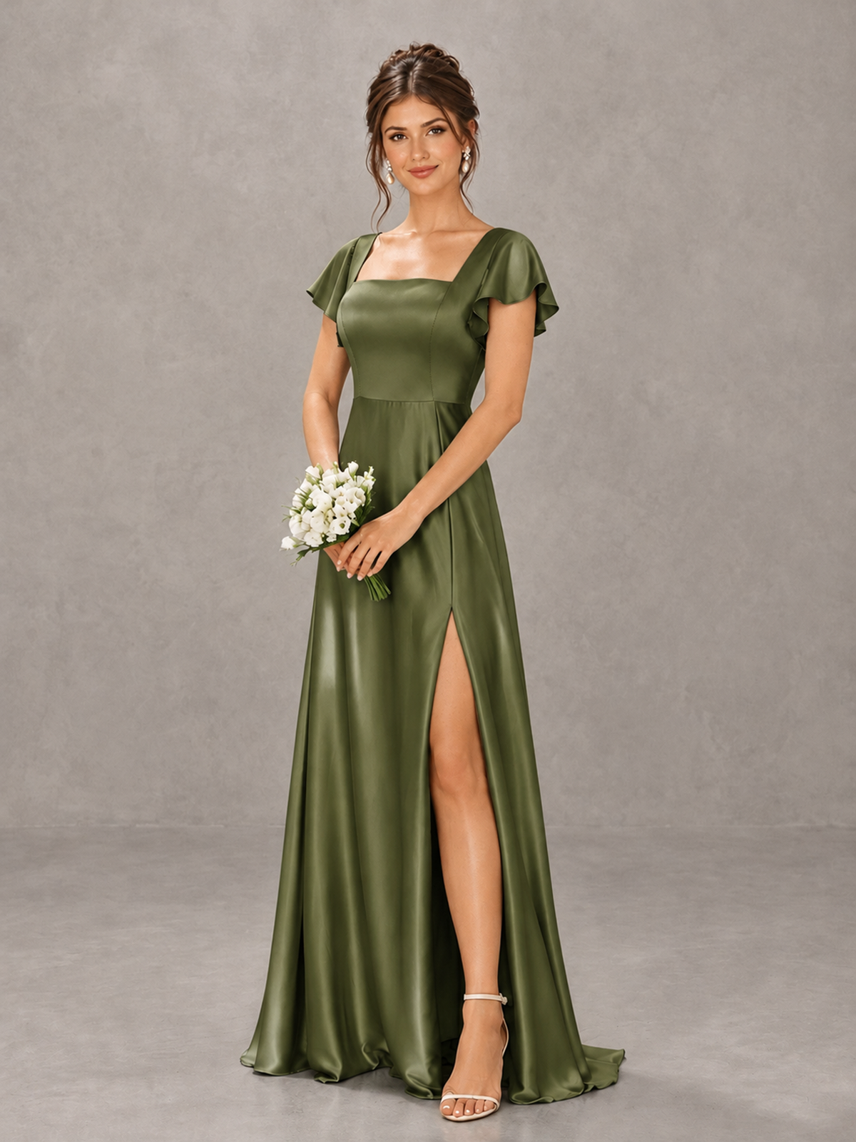 BOLODOO Olive Green Satin Square Neck Flutter Sleeve A-Line Bridesmaid Dress with Slit - Olive Green - Olive Green_4