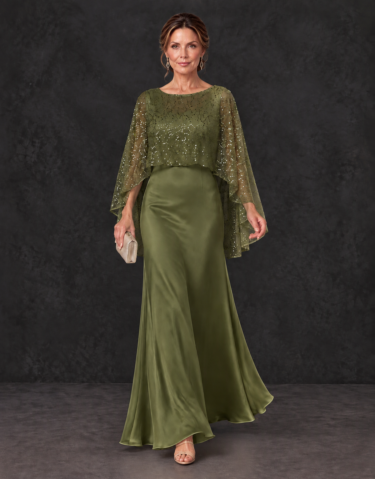 BOLODOO Olive Green Sparkle Cape Sleeve Mother of the Bride Dress - Olive Green - Olive_Green_4