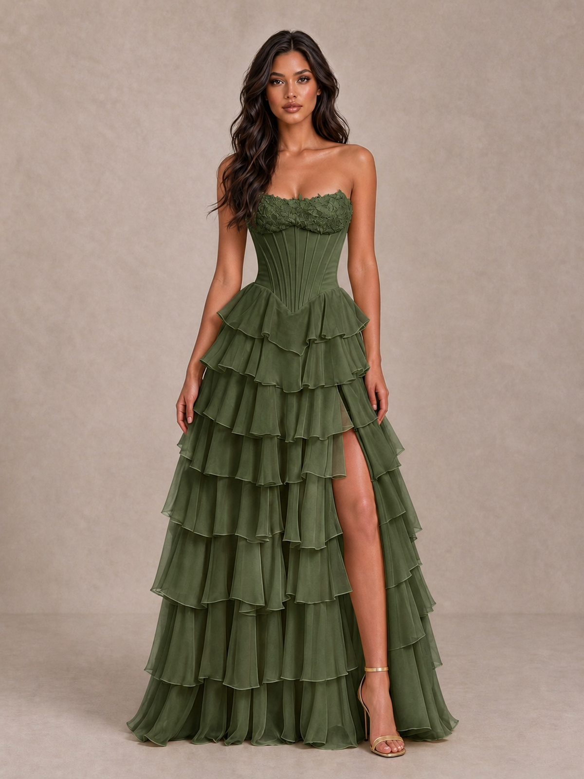 BOLODOO Olive Green Strapless Corset Tiered Ruffle Prom Dress with High Slit - Olive Green - Olive Green_4