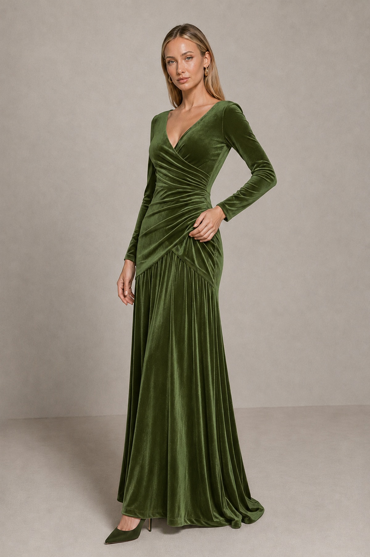 BOLODOO Olive Green Velvet Long Sleeve V-Neck Ruched Evening Dress - Olive Green - Olive_Green_4