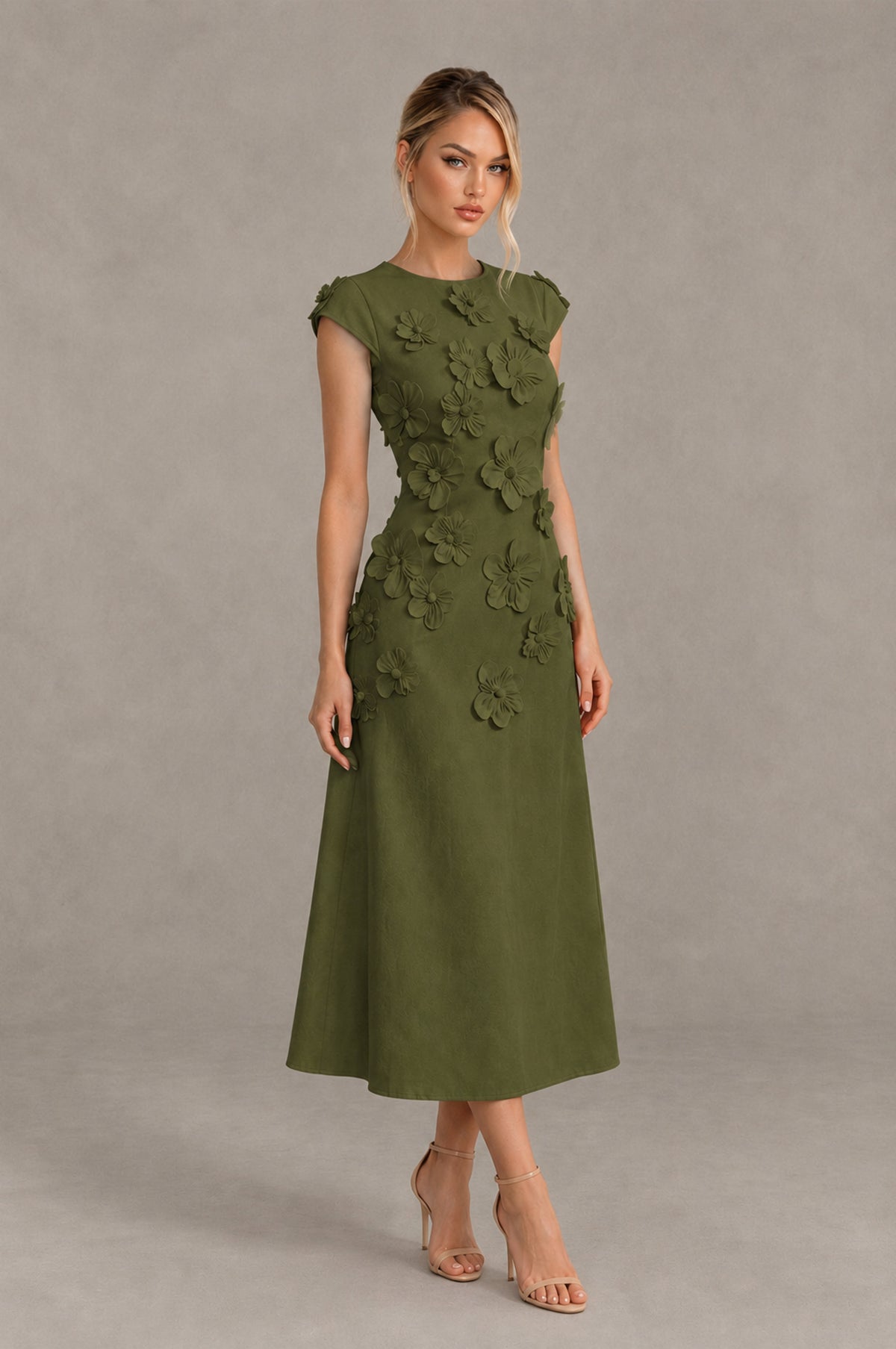 BOLODOO Olive Green 3D Floral Cap Sleeve Midi Cocktail Dress - Olive Green - Olive Green_4