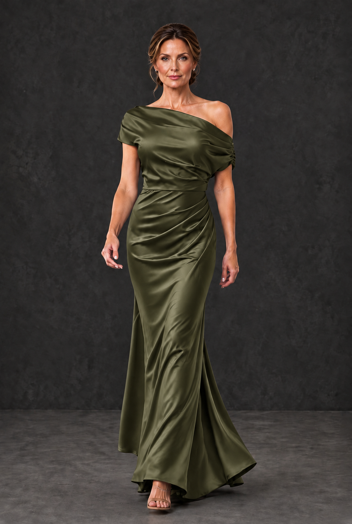 BOLODOO Olive Green Asymmetric Ruched Mother of the Bride Dress - Olive Green - Olive_Green_4