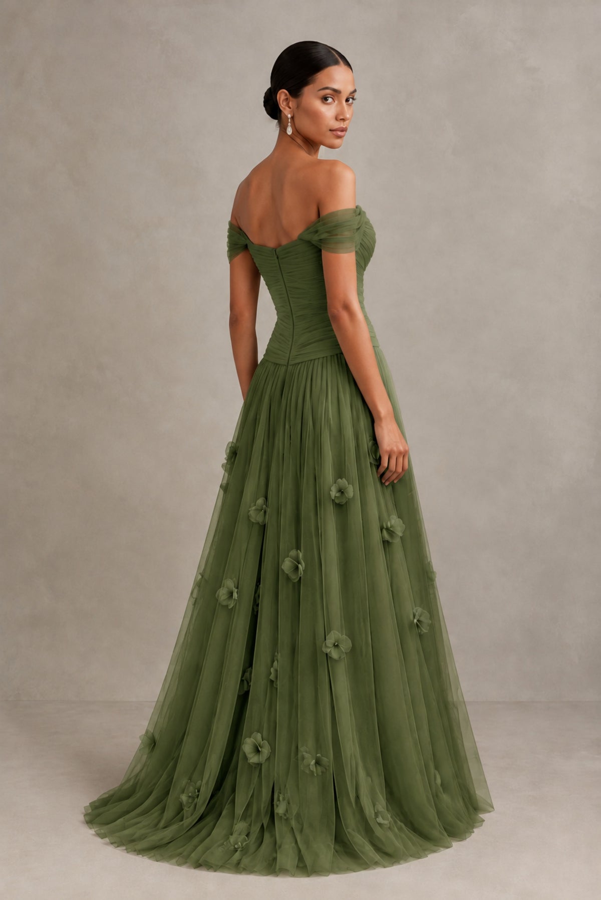Olive Green Off-Shoulder Sweetheart A-Line Tulle Gown with 3D Floral Appliques | BOLODOO - Olive Green