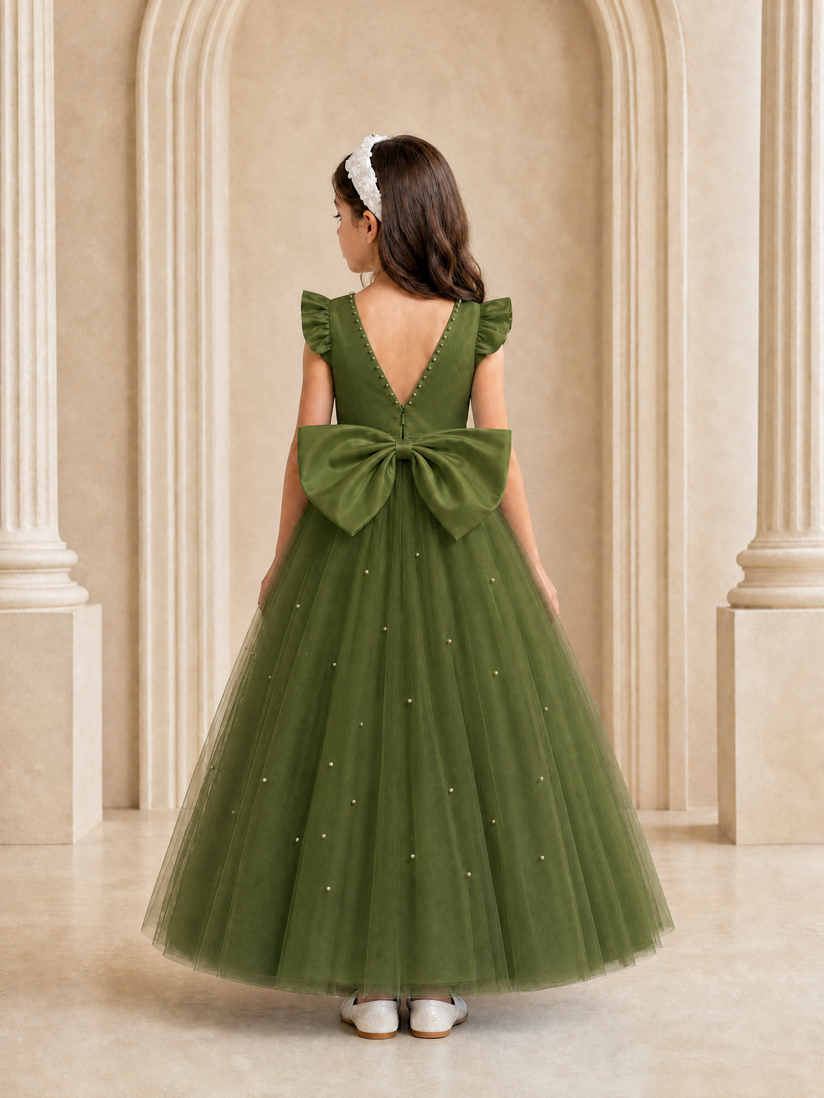 BOLODOO Olive Green Tulle Flower Girl Dress with Ruffle Sleeves & Bow Back - Olive Green - Olive_Green_4