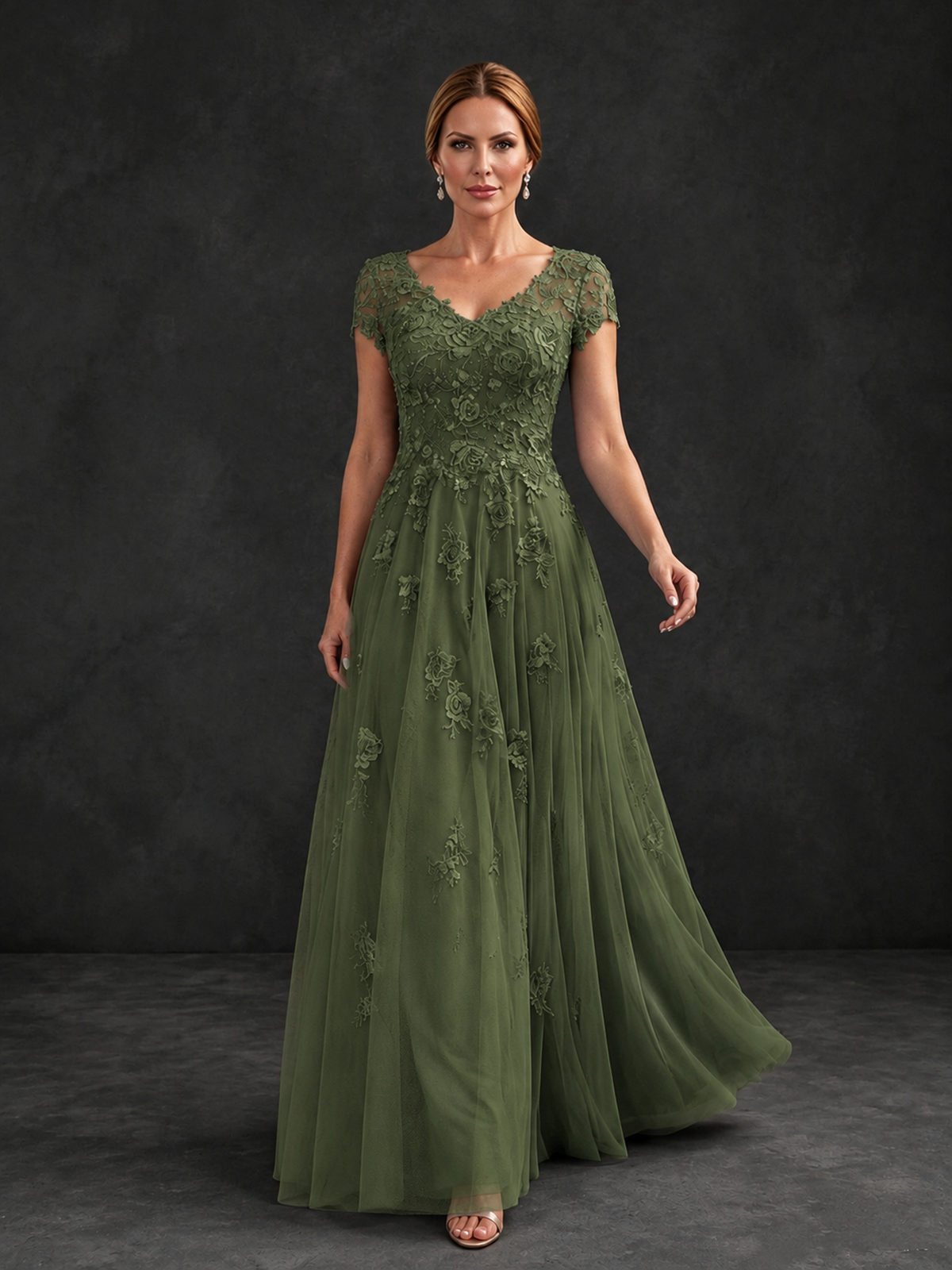 BOLODOO Olive Green Cap Sleeve Lace Appliqué A-Line Formal Gown | Mother of the Bride Dress - Olive Green - Olive Green_4