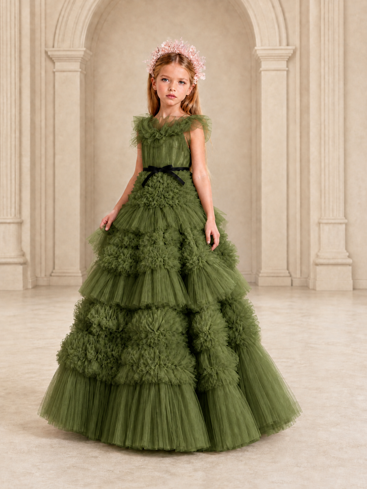 BOLODOO Olive Green Tiered Tulle Flower Girl Dress with Floral Appliques - Olive Green - Olive Green_4