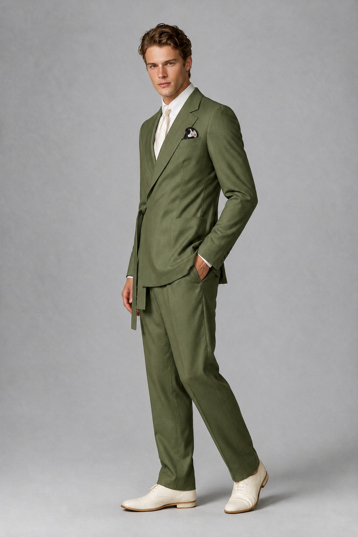 Bolodoo Men's Olive Green Wrap Tie-Waist Two-Piece Suit – Jacket & Trousers - Olive Green - Olive Green_4