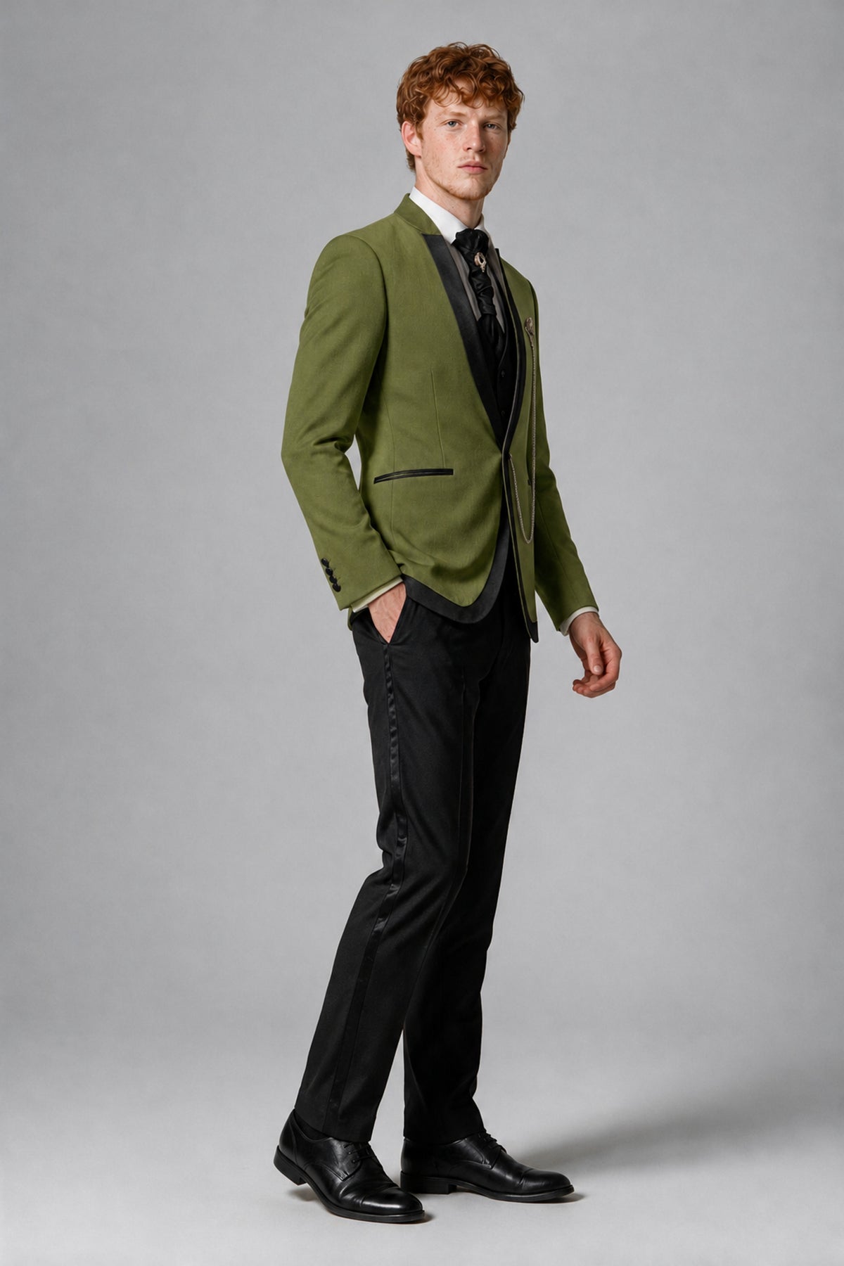 Bolodoo Men's Olive Green 3-Piece Shawl Lapel Tuxedo Suit with Vest - Olive Green - Olive Green_4