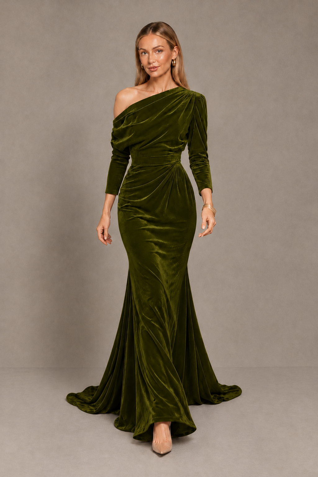 BOLODOO Olive Green Velvet Asymmetric Neck Mermaid Evening Dress - Olive Green - Olive Green_5