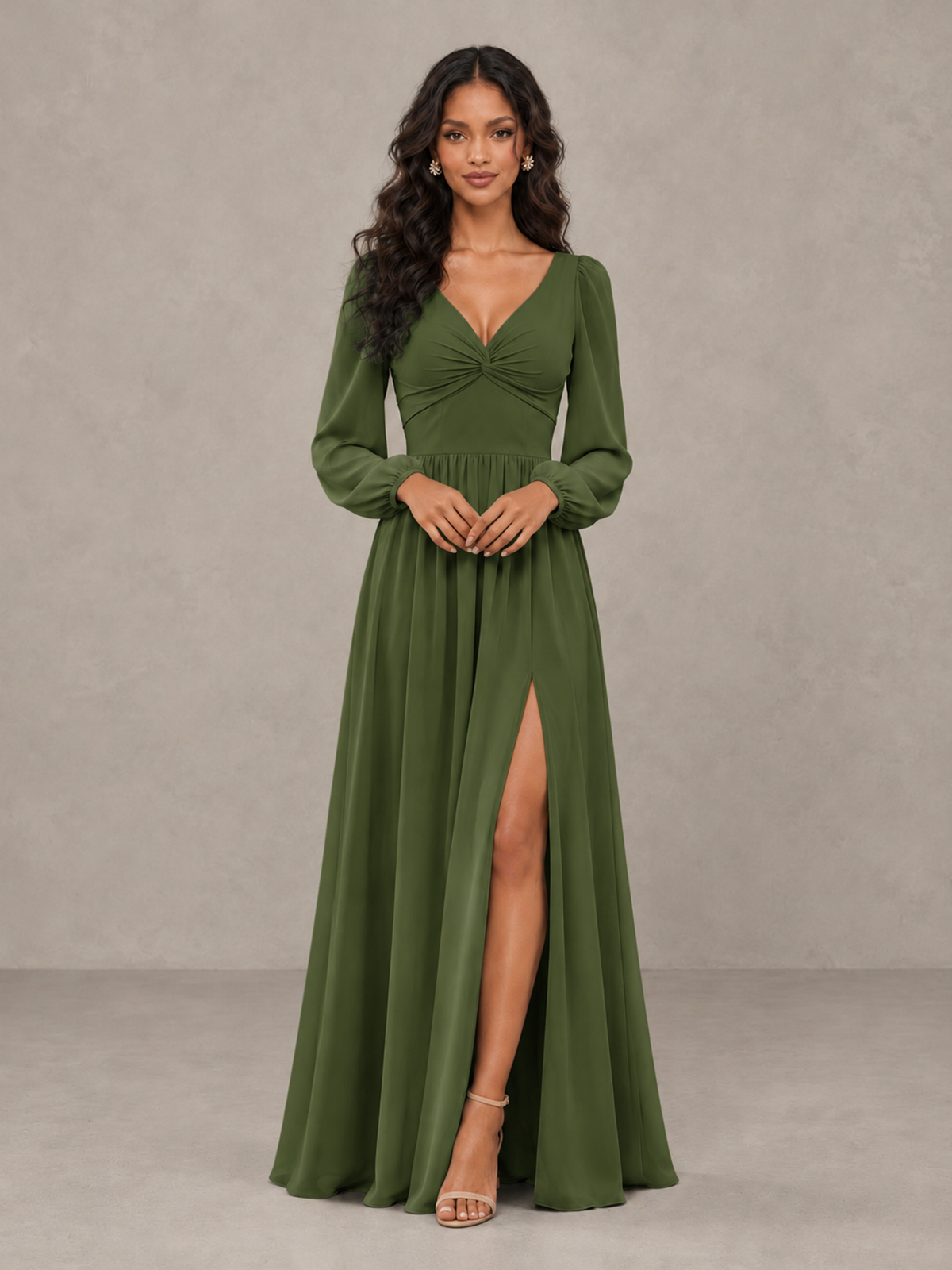 BOLODOO Olive Green V-Neck Long Sleeve Bridesmaid Dress with Tie Back and Slit - Olive Green - Olive Green_5