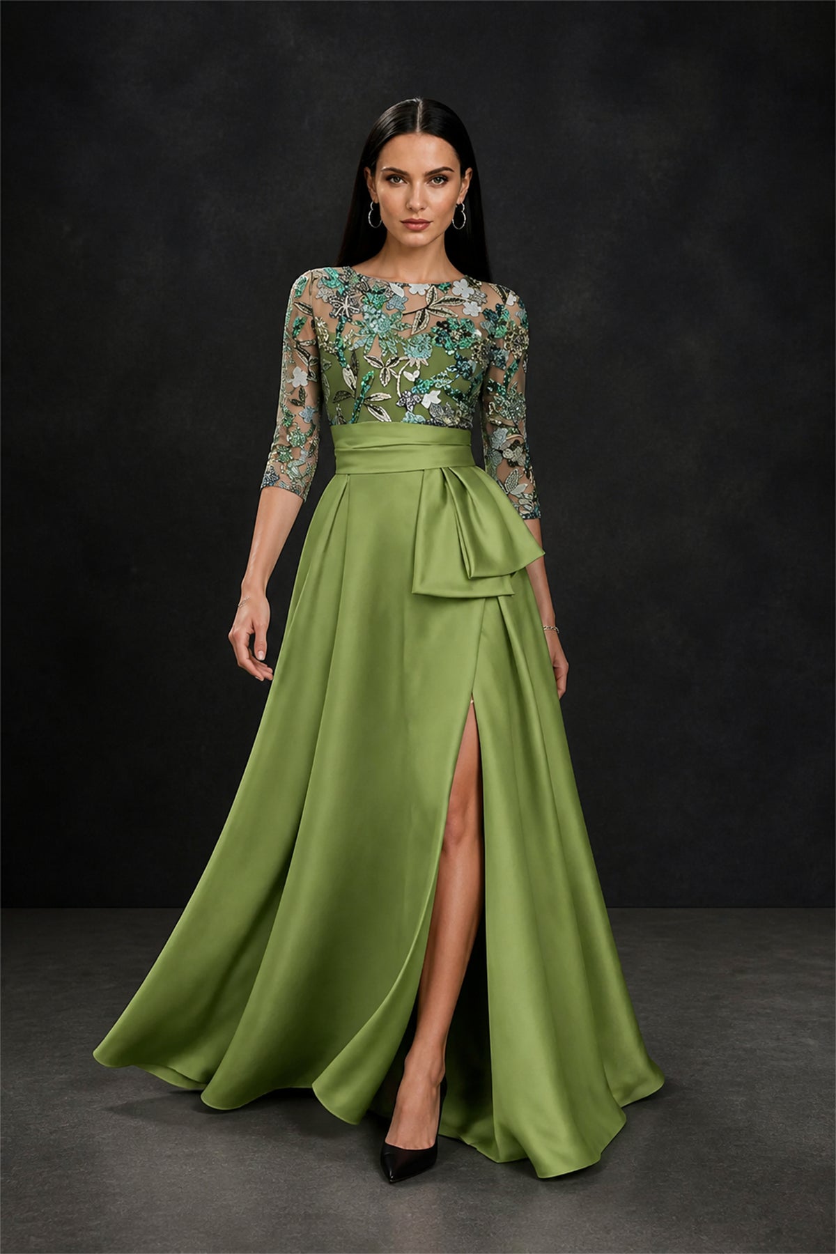 BOLODOO Olive Green 3/4 Sleeve Sequin Illusion Bodice Satin A-Line Gown with Front Slit - Olive Green