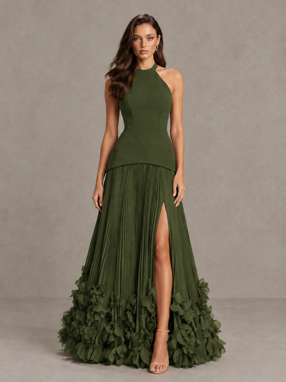 BOLODOO Olive Green Halter Neck Floor-Length Evening Gown with High Slit & 3D Floral Hem - Olive Green - Olive Green (1)