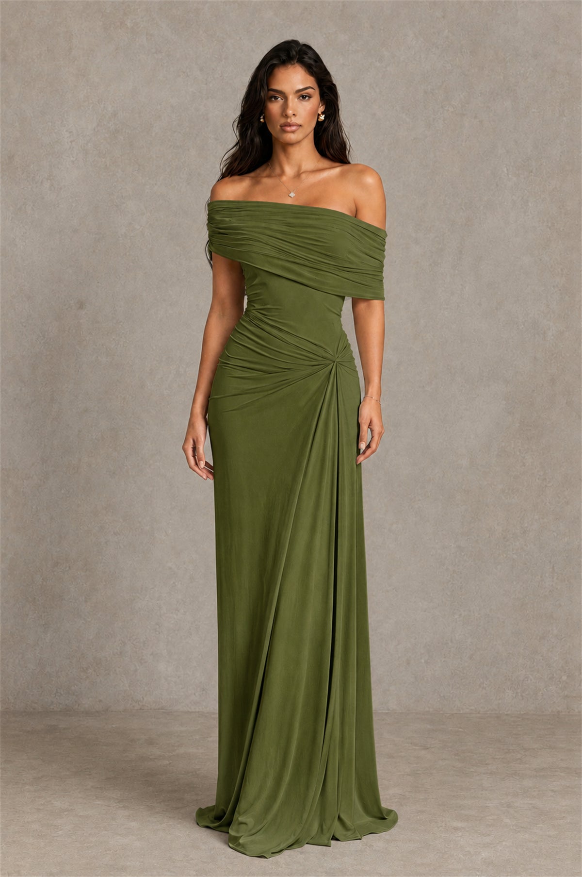 BOLODOO Olive Green Off-Shoulder Ruched Maxi Dress - Olive Green