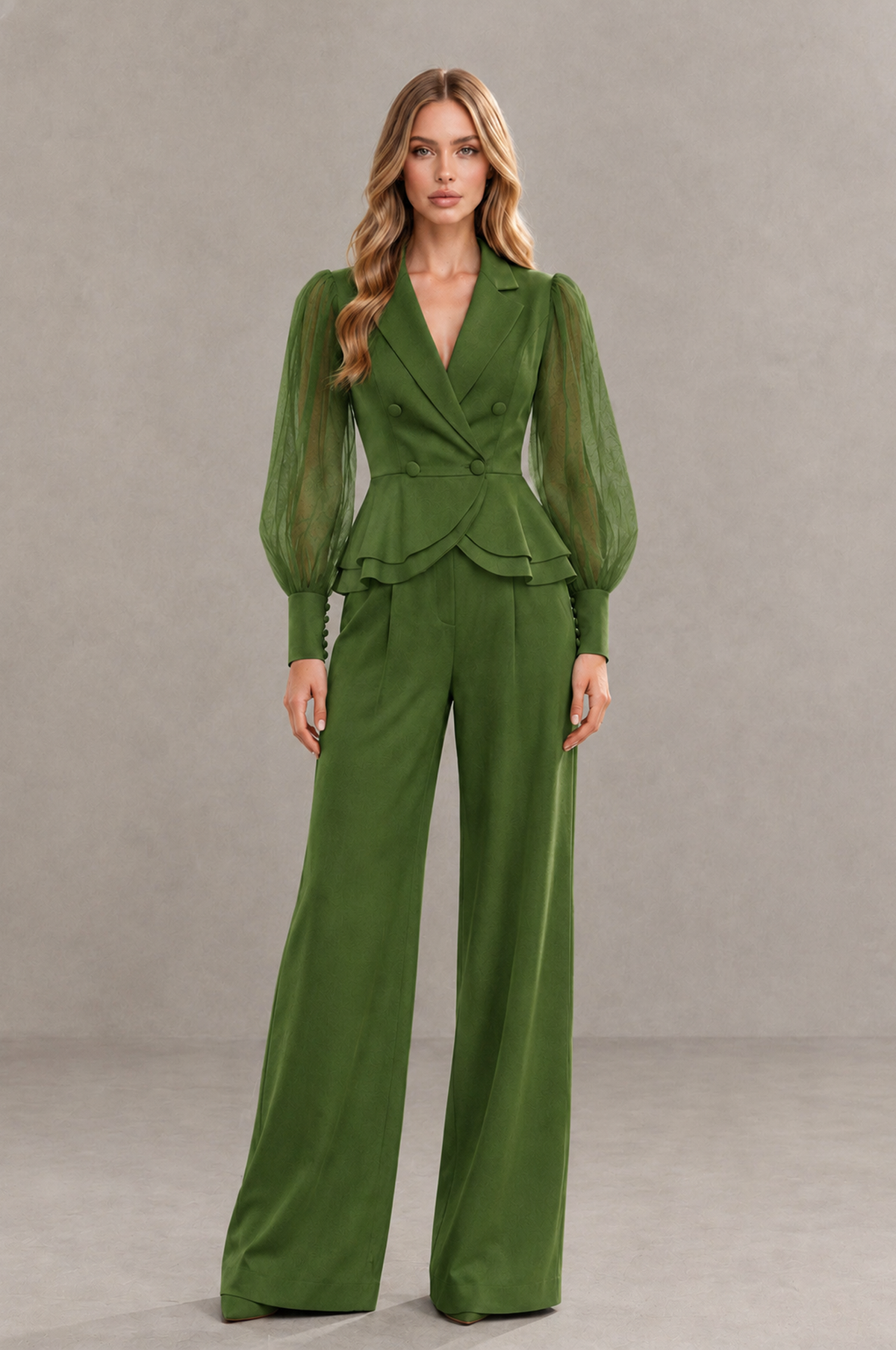 BOLODOO Mint Olive Green Peplum Blazer Wide-Leg Pantsuit with Sheer Puff Sleeves - Olive Green