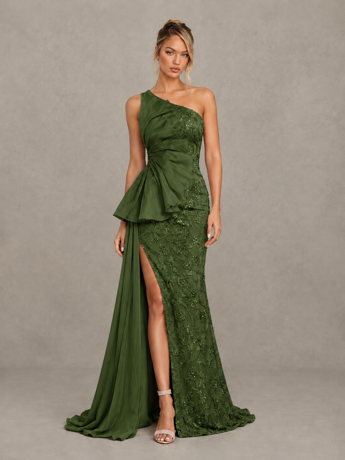 BOLODOO Olive Green One-Shoulder Floral Lace Evening Gown with High Slit - Olive Green - Olive Green (1)