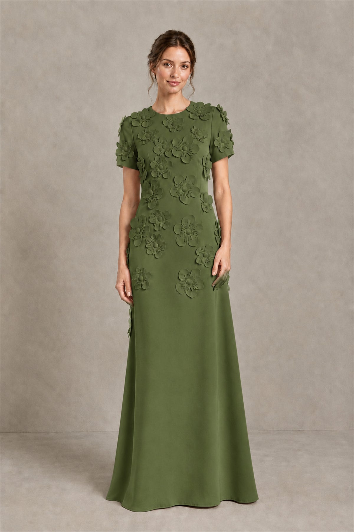 BOLODOO Olive Green Textured Floral Maxi Dress with Short Sleeves - Olive Green