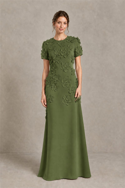 BOLODOO Olive Green Textured Floral Maxi Dress with Short Sleeves - Olive Green