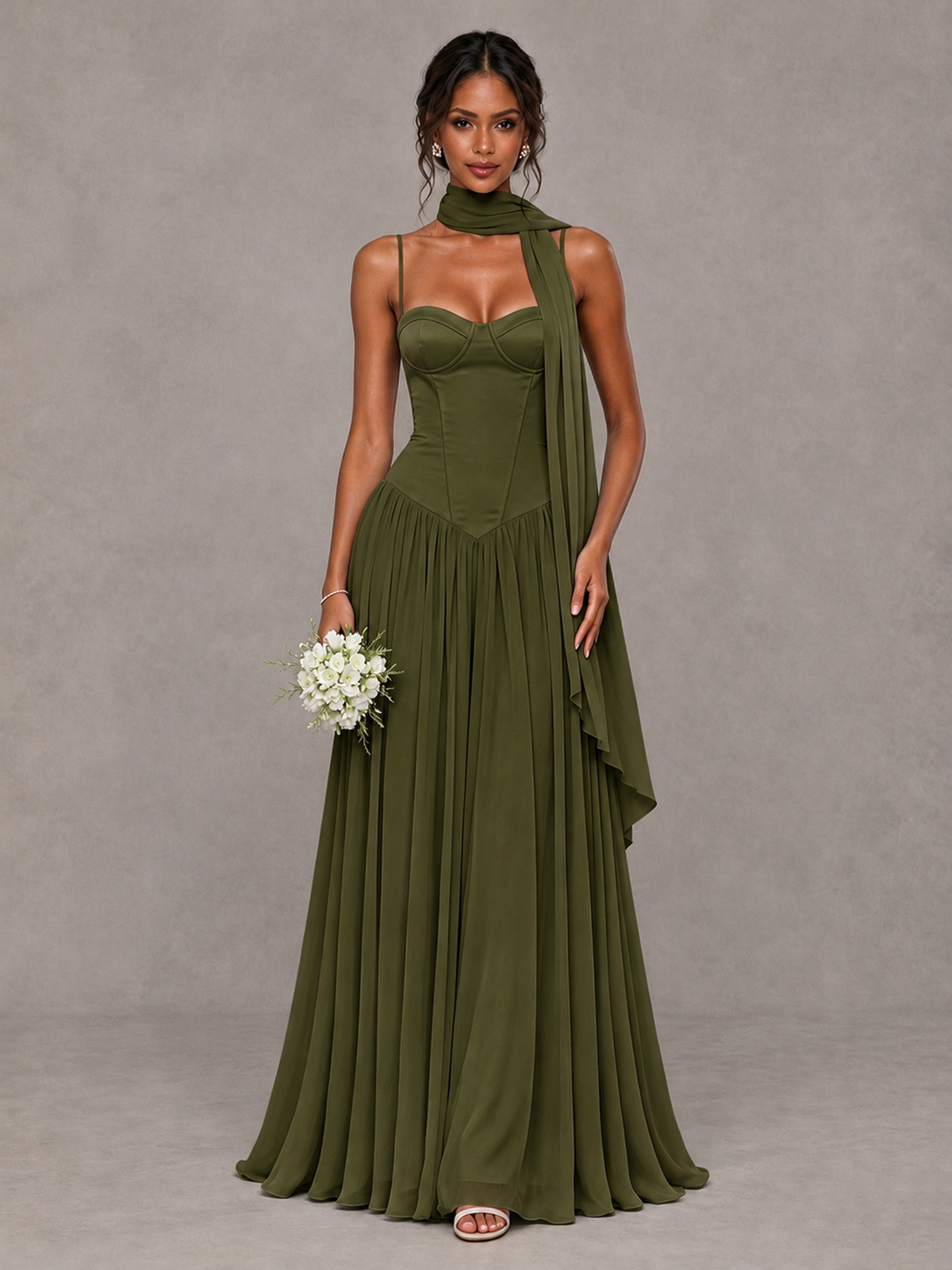 BOLODOO Olive Green Corset Bridesmaid Dress with Scarf - Olive Green - Olive Green (1)