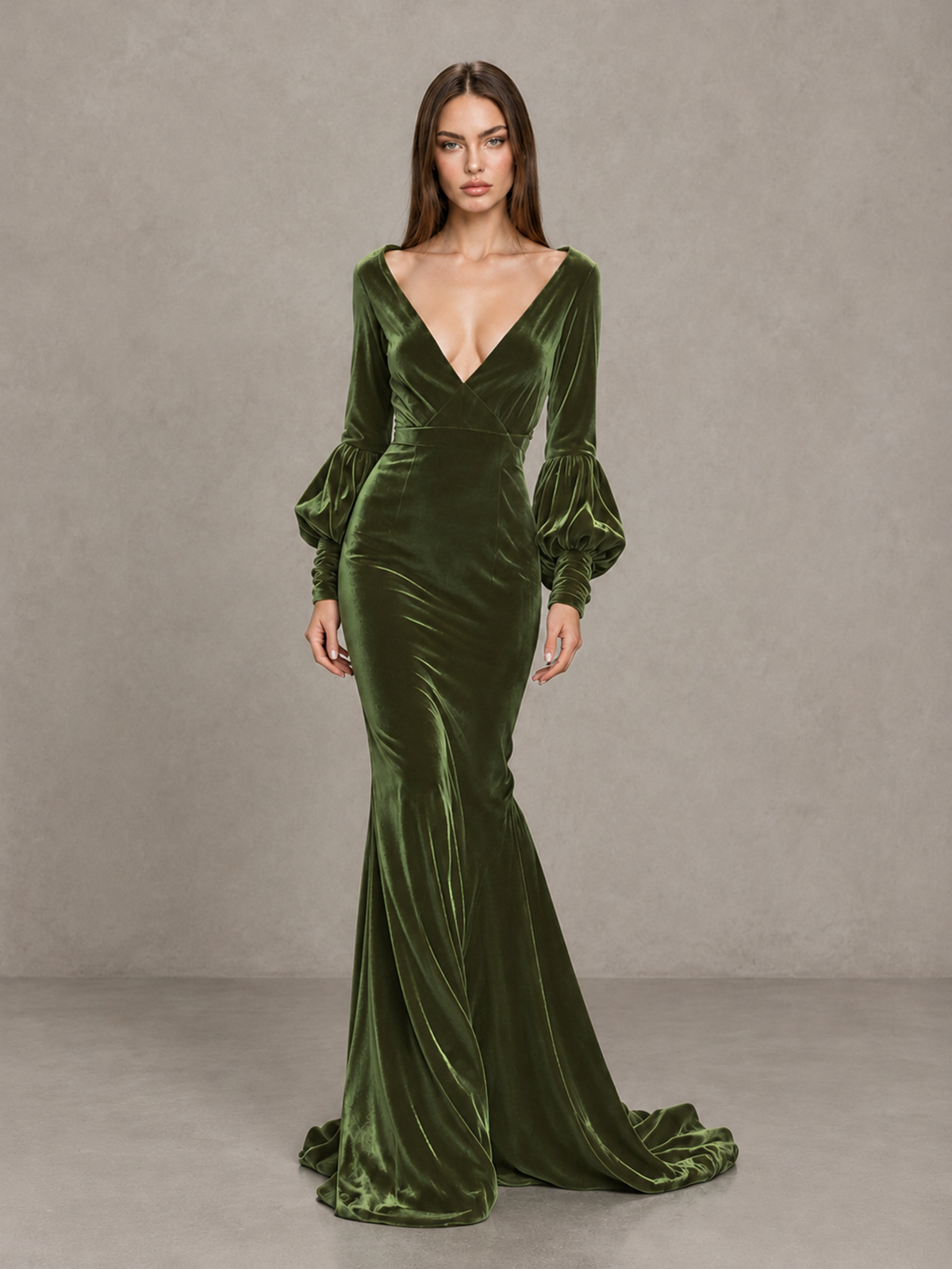 BOLODOO Olive Green Velvet V-Neck Long Sleeve Open Back Mermaid Evening Gown - Olive Green - Olive Green (1)