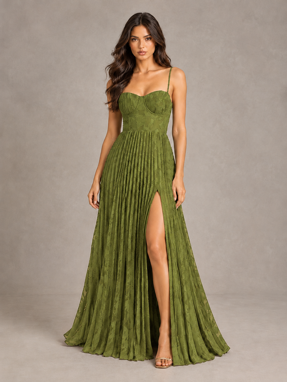 BOLODOO Olive Green Pleated Bridesmaid Dress with Sweetheart Neckline & Slit - Olive Green - Olive Green (1)
