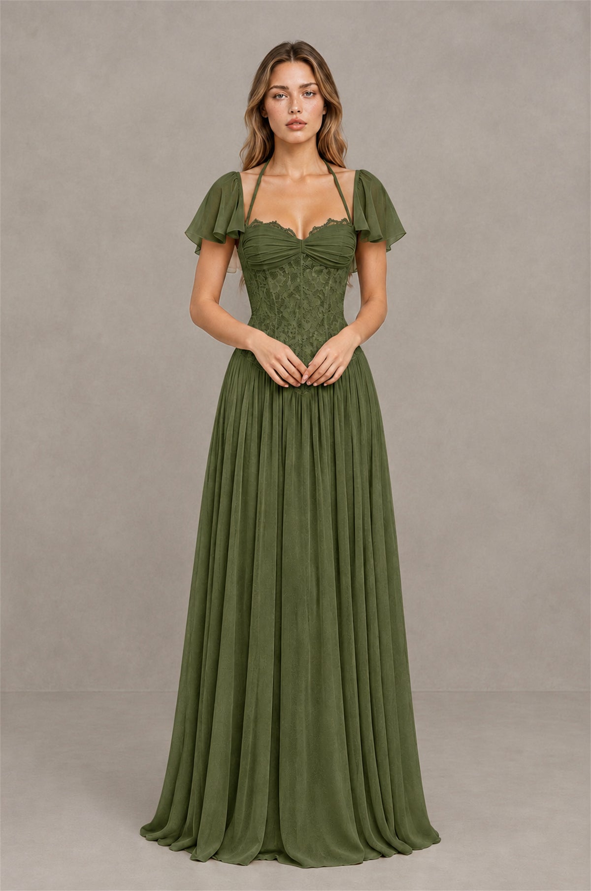 BOLODOO Olive Green Flutter Sleeve Lace Corset A-Line Maxi Dress - Olive Green - Olive Green (1)