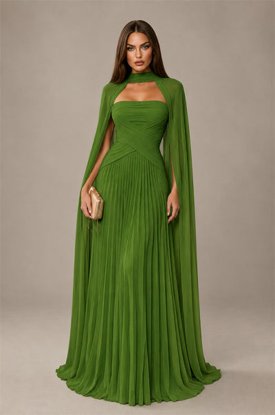BOLODOO Olive Green Strapless Crossover Ruched Bodice Detached Turtleneck Cape Lace-Up Back Pleated Chiffon Maxi Dress - Olive Green