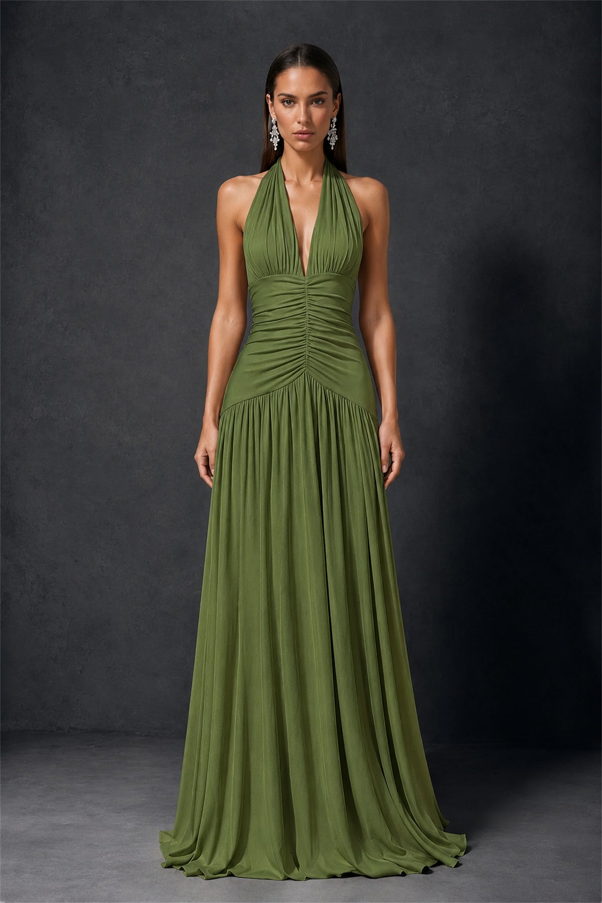BOLODOO Olive Green Halter Deep V-Neck Ruched Chiffon Open Back Maxi Dress with Draped Neck Tie - Olive Green