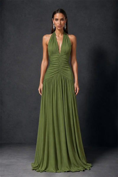 BOLODOO Olive Green Halter Deep V-Neck Ruched Chiffon Open Back Maxi Dress with Draped Neck Tie - Olive Green