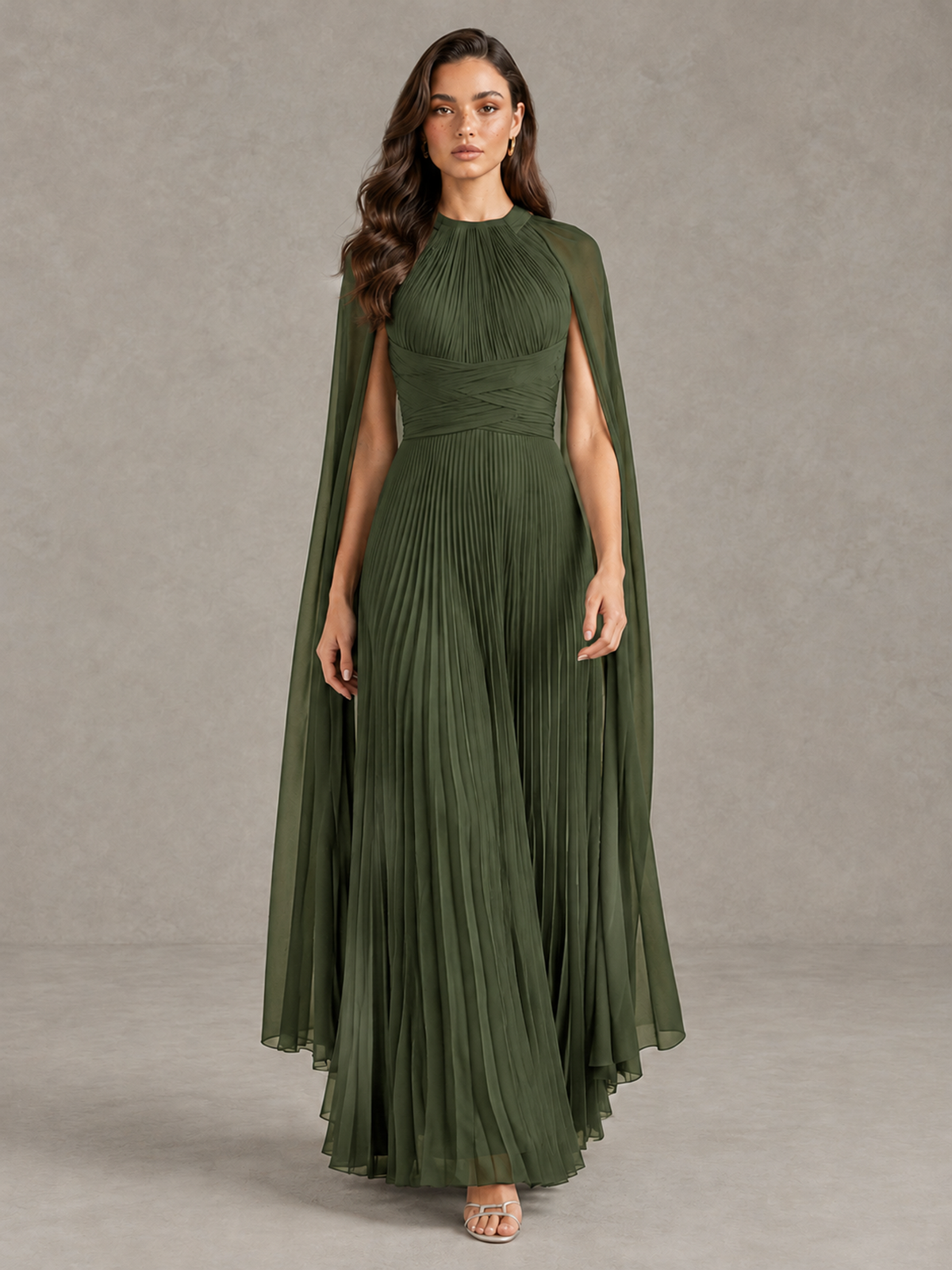 BOLODOO Olive Green Pleated Cape Maxi Wedding Guest Dress - Olive Green - Olive Green (1)