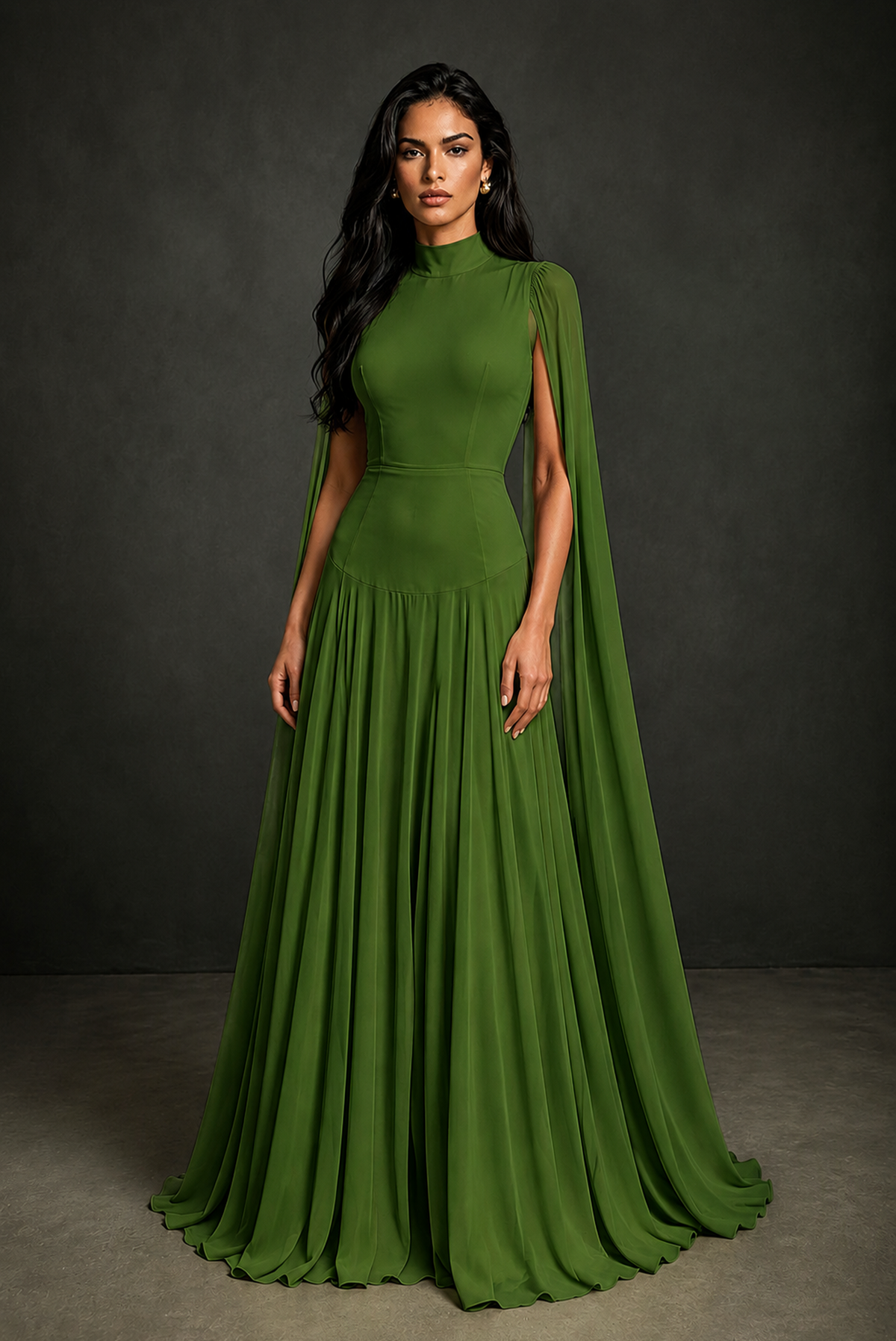 BOLODOO Olive Green Mock Neck Cape Sleeve A-Line Chiffon Maxi Dress - Olive Green