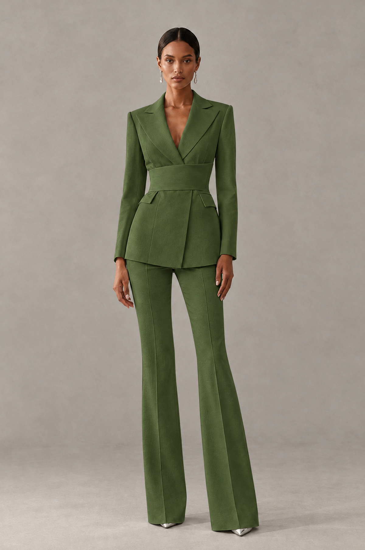 BOLODOO Olive Green Two-Piece Pantsuit with Tailored Blazer & Flared Pants - Olive Green - Olive Green (1)