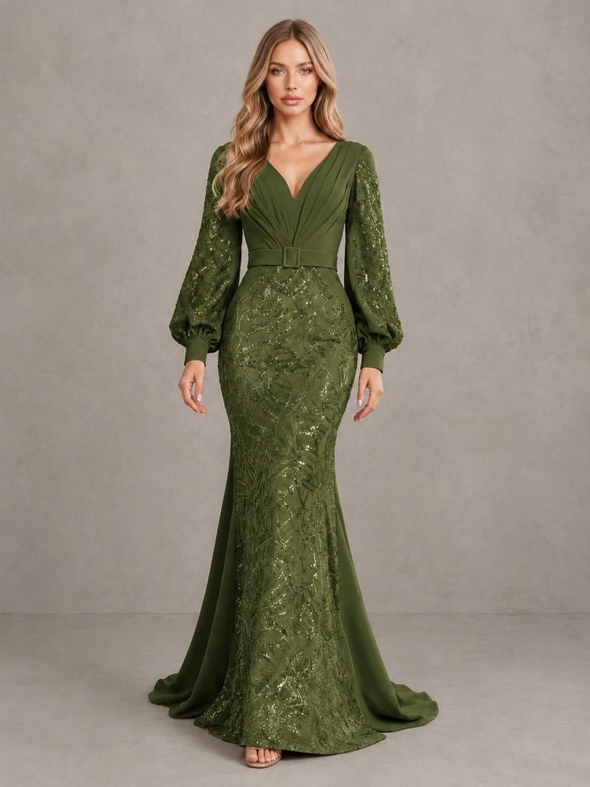 BOLODOO Olive Green Sequin Long Bishop Sleeve Mermaid Evening Dress - Olive Green - Olive Green (1)